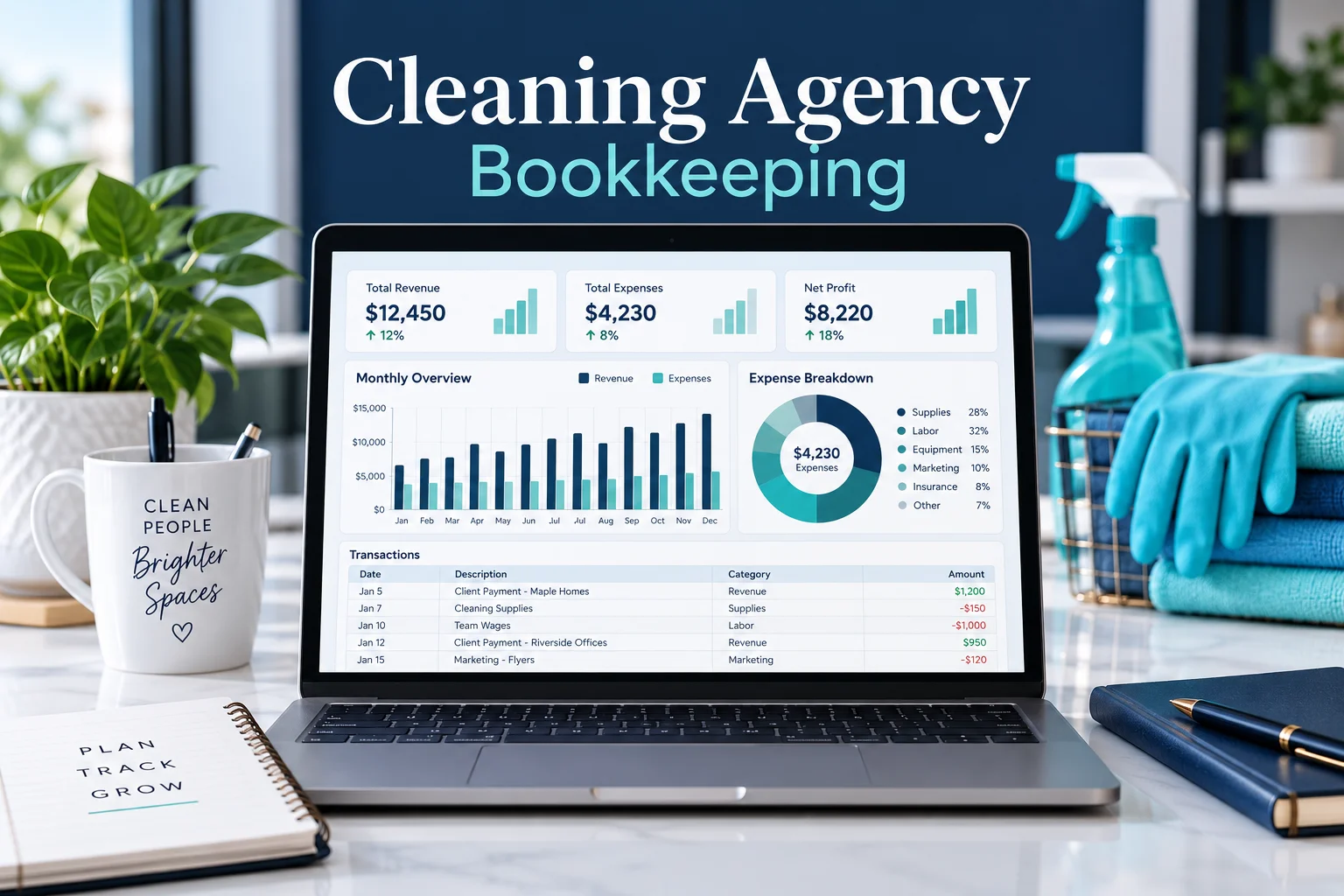 Illustrative concept of a cleaning-agency bookkeeping spreadsheet on a laptop