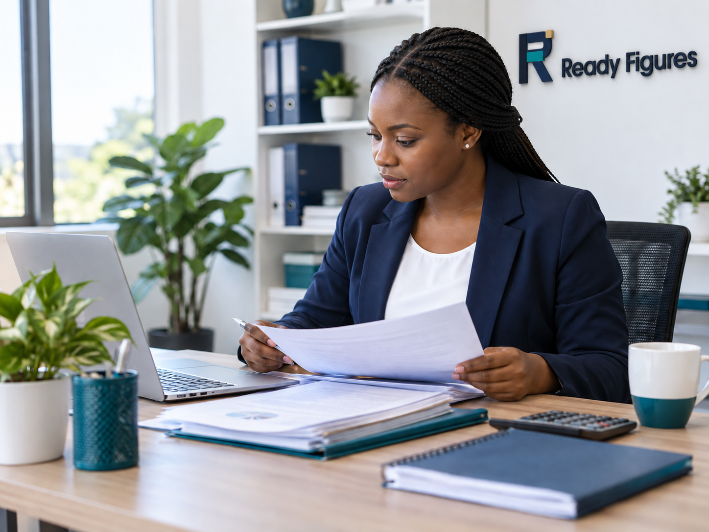 A bookkeeping professional reviewing financial documents in the Ready Figures office